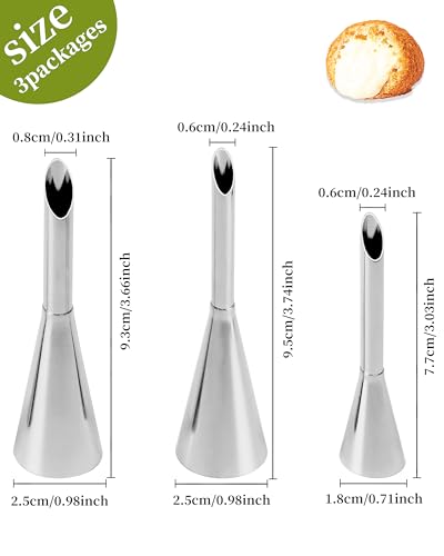 3 Pcs Long Cream Puff Piping Nozzles, Stainless Steel Icing Tips - size: Cream Nozzles-3Pcs