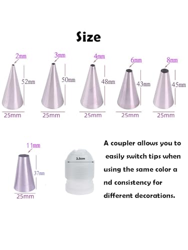 Round Piping Tips Set with Coupler, 6 Stainless Steel Tips for Macarons - color: C