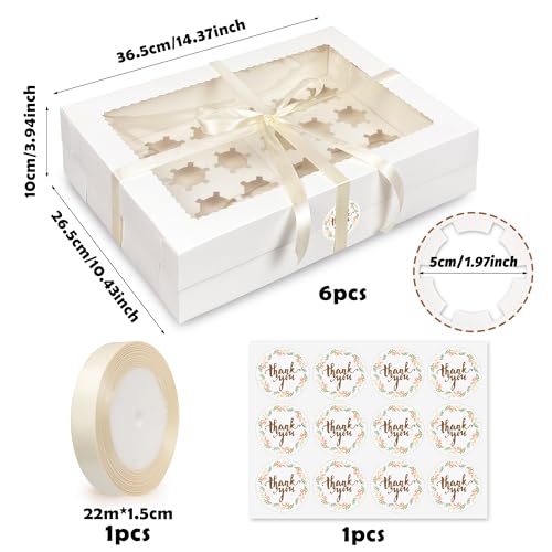 MUMULULU 6PCS Mini Cupcake Box Holds 24 Mini Cupcakes White Bakery Boxes with Window Silk Ribbon Sticker included