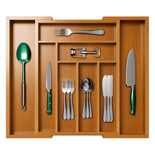 Pipishell Expandable Bamboo Silverware Drawer Organizer, Brown, Large - color: Brown, size: Large