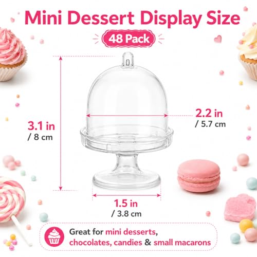 48Pcs Mini Cake Stand, 3.1 x 2.2 in Mini Cake Stand with Dome, Clear Small Cake Stand with Lid for Chocolate, Candy, Macarons, Wedding, Birthday, Party, Sliver