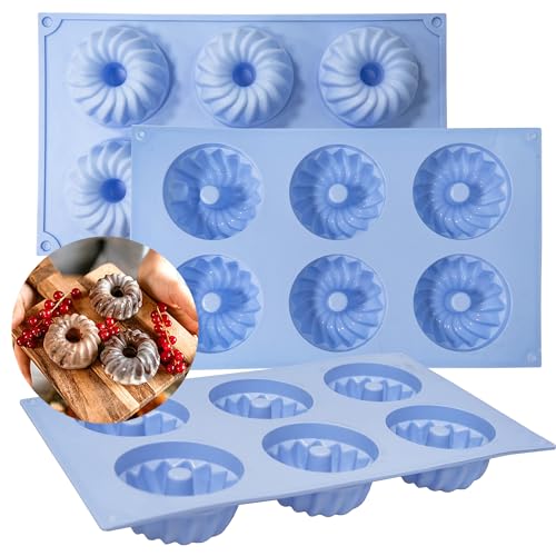 LGQUK Jello Mold, 3pcs Silicone Fluted Tube Cake Pans, 6-Cavity Non Stick Silicone Baking Molds for Cupcake, Donuts,Muffin, Cornbread, Brownie, Jellies (Blue, Fluted Tube) - color: Blue