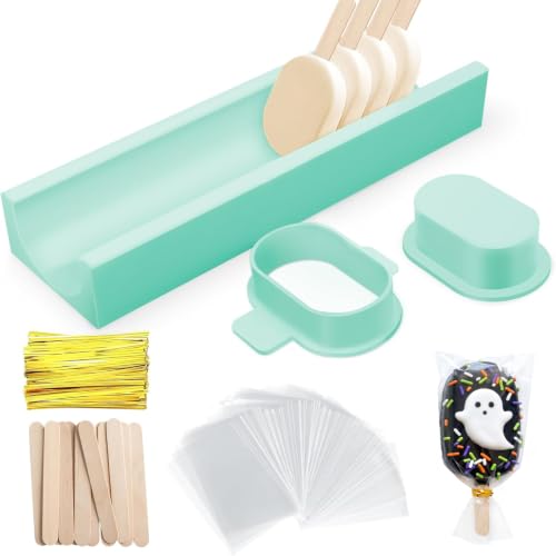 3 Inch Cakesicle Cutter and Cake Pop Mold Set with 8.7in Tray, 100 Wooden Sticks & 100 Bags, Silicone Cakesicle Mold for Homemade Cake Pops, Baking, Birthdays and Party Desserts (Turquoise) - color: Turquoise