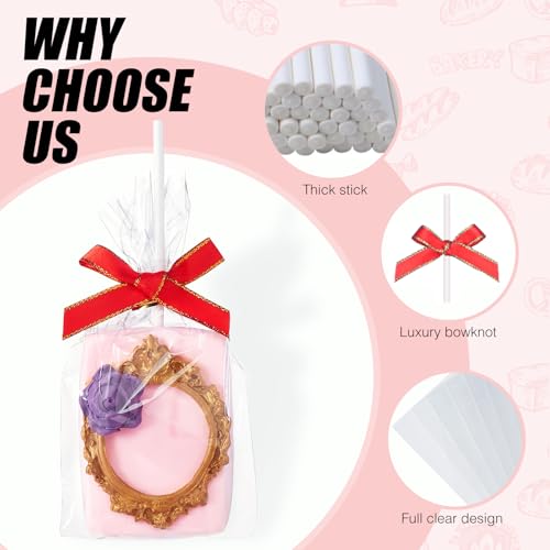 JCXGRVC 50pcs 4" x6"Clear Rice Krispie Treat Bags with Sticks and Ties Bows - color: Red