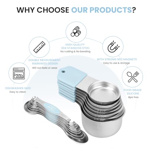 Magnetic Measuring Cups and Spoons Set-Heavy Duty 304 Stainless Steel - color: GLACIER BLUE