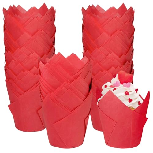 Valentine's Day 250Pcs Tulip Cupcake Liners,Parchment Paper Cupcake Liner - color: Red
