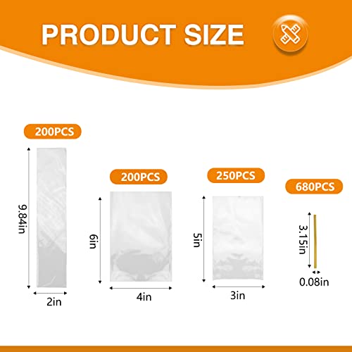 NEOACT 650 PCS Clear Flat Cellophane Treat Bags, 3x5,4x6,9.84x2 Cellophane Bags with Ties, Clear Gift Bags for Party Favors, Pretzel Rods, Bakery, Cookies, Candies, Dessert - size: 650 Count (3"x5", 4"x6", 9.84"x2")