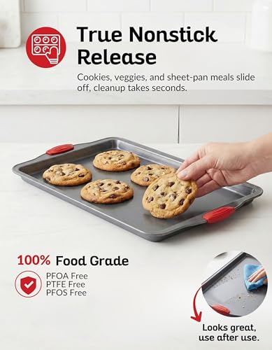 Premium Nonstick Baking Sheet Pans – Set of 3, Heavy-Gauge Carbon Steel, Warp, Dent, and Rust-Resistant – Gourmet Rimmed Half Cookie Sheet Trays, Non-Toxic for Exceptional Baking Performance - color: Red & Grey
