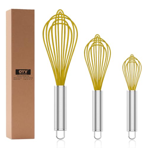 OYV Yellow Silicone Whisk Set of 3, 8/10/12 Inch, Non-Scratch - color: Premium(Yellow Pack)