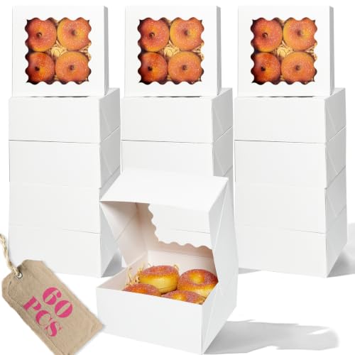 qiqee Auto-pop up Cookie Box with Window 6x6x3 Inch White 60Pcs Pastry Macaron Bakery Pie Box for Packaging - color: 6x6x3, 60Pcs,White