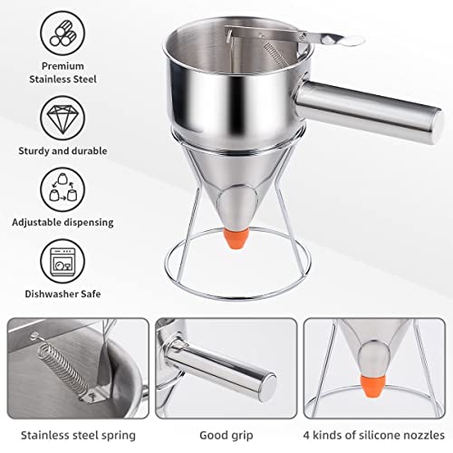 40oz Pancake Batter Dispenser, Stainless Steel Cake Dispenser with 4 Caliber Funnel & Stand, Baking Tools for Pancakes, Cupcakes & Baked Goods - size: 40oz