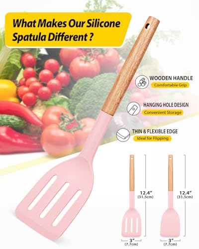 BUNDLEPRO Silicone Spatula, Solid & Slotted Turner, BPA-Free, 2 Pack, Pink - color: Pink
