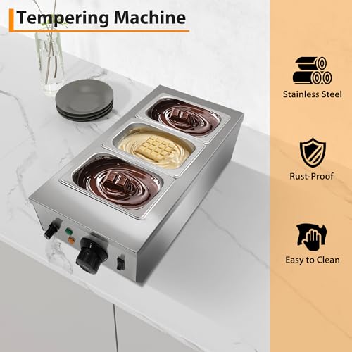 3 Tanks Chocolate Melting Pot, 1200W Commercial Chocolate Tempering Machine with Lid, Digital Temperature Control 86°f-185°f, 1.8QT x 3 Stainless Steel Tanks Food Warmer for Candy Cheese Sauce Making