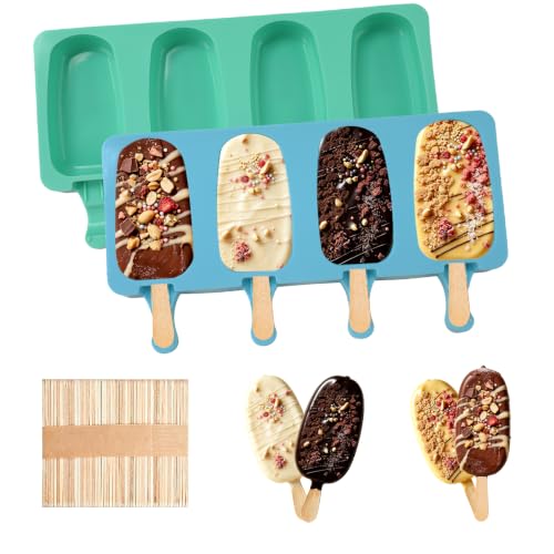 Silicone Popsicle Molds, 2 Pcs Blue and Green Popsicles Molds, 4 Cavities Ice Cream Mold with 50 Wooden Sticks for Making Cakesicles Fudgesicle Candy DIY Cake Ice Pop Summer Party Supplies - color: Blue and Green
