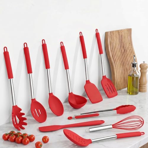 Onader 10 Pieces Silicone Kitchen Utensils Set, Cooking Utensils with Holder and Heat Resistant Stainless Steel Handle for Nonstick Cookware -Red - color: Red