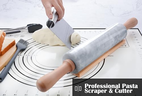 Marble Rolling Pin Set with Silicone Pastry Mat,Pastry Brush,Cooking Tongs,Stainless Steel Scraper18.5 inch Polished Non-Stick Roller for Pizza Dough,Fondant,Pie Crust(Gray White) - color: White Set