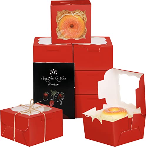 qiqee Red Bakery Boxes with Window 55pcs 4x4x2.5 Mini Cookie Boxes Macaron Boxes Small Donut Pastry Boxes for Party - color: Red, size: 4*4*2.5inch/55Packs