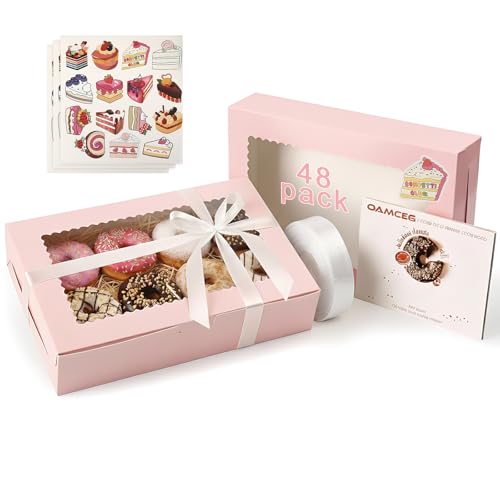 OAMCEG 48 Pack Cookie Boxes with Window, 12x8x2.5 Inch Bakery Treat Boxes for Christmas Holiday Gift Giving, Desserts, Donuts, Pastries-Pink