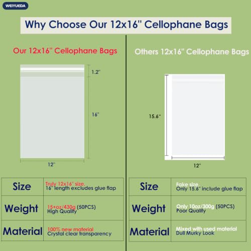 12x16 IN Clear Self Sealing OPP Cellophane Bags, 50 Pcs, Clear Plastic Bags for Clothes, Shirts, T-Shirts & Clothing Resale Packaging - size: 12X16"