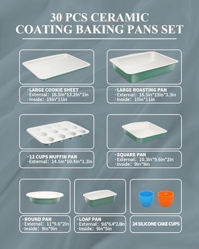 Ceramic Nonstick Baking Pans Set, Non Toxic 30 PCS Stackable Bakeware Sets, 550°F Oven Safe Baking Sheet & Pans, Warp-Free, Dishwasher Safe, PTFE/PFOA/PFOS-Free (Green) - color: Green, size: 30 PCS