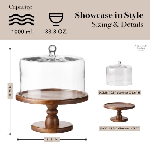 American Atelier Wooden Pedestal Cake Plate w/Glass Dome, Brown 11.8x12.2in