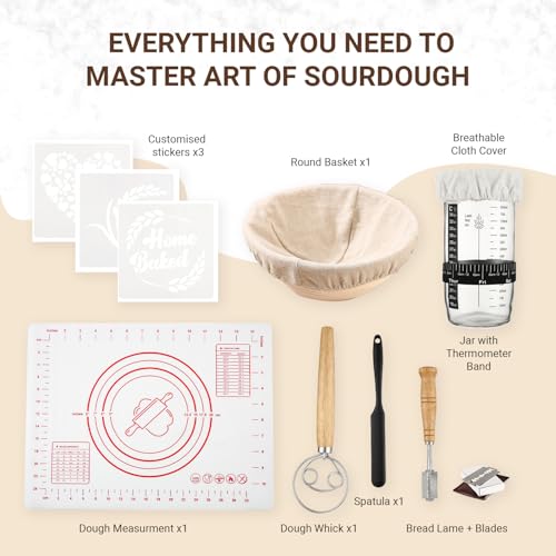 Sourdough Starter Kit | 34Oz Sourdough Bread Baking Supplies - Banneton Bread Proofing Basket, Sourdough kit Included 1x Bread Proofing Basket, Thermometer - Easy to Clean Banneton Basket