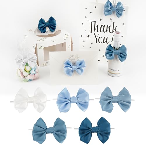 AIMUDI 5 Colors Dusty Blue Bows 3.5" Satin Bows with Twist Ties Blue Bow for Gift Wrapping Crafts Treat Bags Candy Cake Pop Premade Bow for Wedding Baby Shower Birthday Party Decoration, 50 PCs - color: Dusty Blue Shade