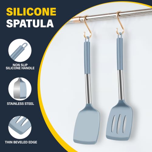 2 Pack Silicone Spatula Set, Solid & Slotted Turner for Non-Stick Pans - color: Blue