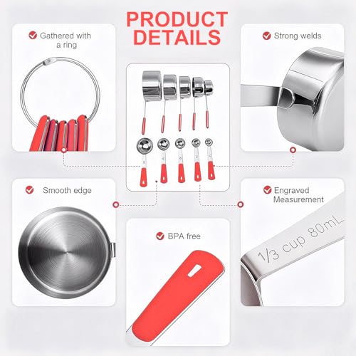 Bopei 10-Pcs Stainless Steel Measuring Cups & Spoons Set, Red Handles - color: Red