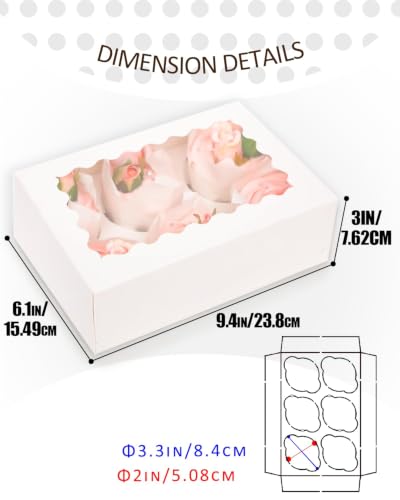 qiqee White 6 Cupcake Boxes with Window Auto-pop up 30 Packs Cupcake Box 9.4"x6.1"x3.3" Bakery Boxes For Cupcakes Carrier, Cupcake Containers - color: White, size: 6 Holder/30 Packs