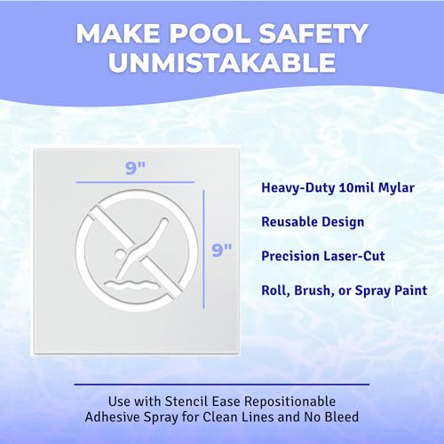 Stencil Ease Pool Safety Stencil Kit – 21 Reusable 10 mil Mylar Stencils for Concrete Pool, Spa Decks – Swimming Pool Rules, No Diving, No Running, Water Depth
