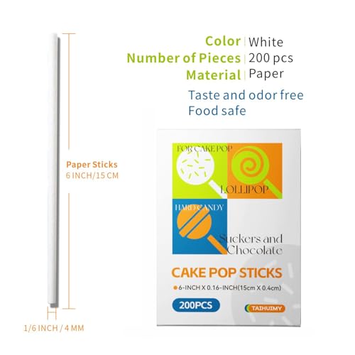 200 Count 6 INCH White Paper Lollipop and Cake Pop Sticks,Sucker Sticks for Cookies,Rainbow Candy,Chocolate,Cake Topper(Dia 4mm) - size: 6 Inch (Pack of 200)
