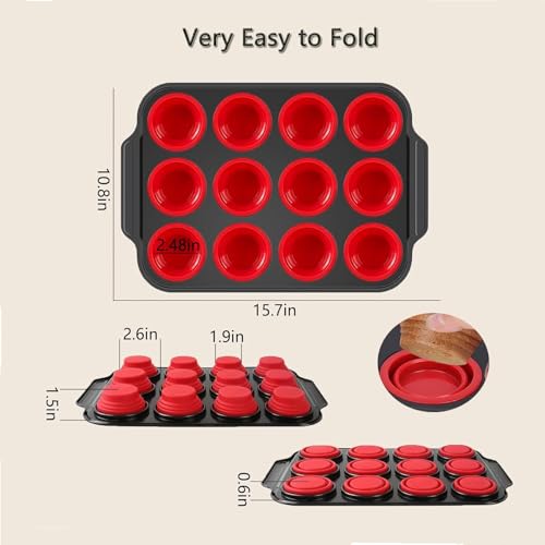 Silicone Muffin Pan, 12-Cup Nonstick Silicone Muffin Pans for Baking, Food-Grade Cupcake Pan for Oven, Microwave, Dishwasher Safe, BPA-Free Silicone Baking Mold for Muffins, Cupcakes, Egg Muffins - color: 12 Cups Red
