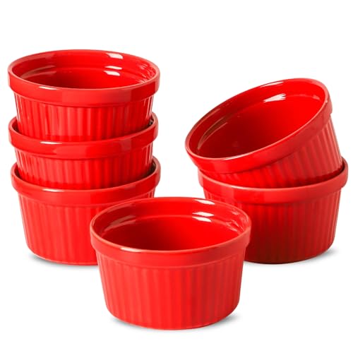 8 oz Ramekins Oven Safe Set of 6, Souffle Dish Baking Bowls, Custard Dessert Cups for Pudding Yogurt Ice Cream, Ceramic Ramiken Bowl, Red - color: Red