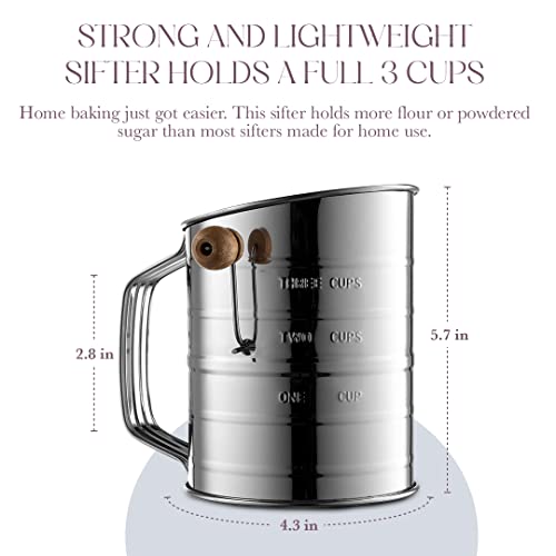 Bellemain 3 Cup Flour Sifter for Baking Fine Mesh Rotary Hand Crank with Loop Agitator for Quick Sifting, Flour Sifter Stainlees Steel (Pack of 2) - size: 3 Cup (Pack of 2)