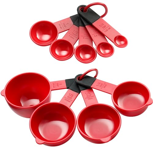 Spring Chef Set of 9 Plastic Magnetic Red Measuring Cups and Spoons - color: Red