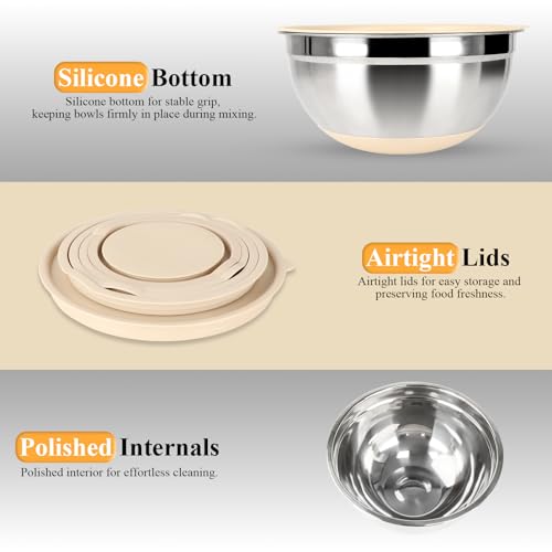 Mixing Bowls with Airtight Lids Set, Non-Slip Silicone Bottoms, Khaki - color: Khaki
