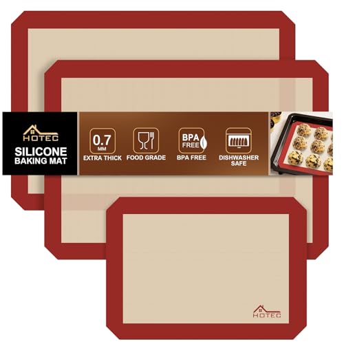 HOTEC Silicone Baking Mats 3 Pack – Thickened Non-Stick Reusable Silicone Baking Sheets for Oven – Cookie & Macaron Mats – 2 Half Sheet + 1 Quarter Sheet – BPA-Free, Dishwasher Safe - color: 3pcs: Red 0.7MM