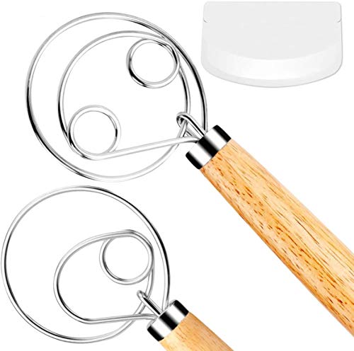 Danish Dough Whisk Bread Mixer 2 Pack | Premium Stainless Steel Dutch Whisk With a Dough Scraper for Bread, Pastry or Pizza Dough - Perfect Baking