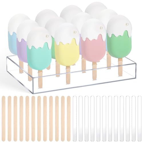 Gejoy Clear Cakesicle Stand 12 Holes, 12 Acrylic 50 Wood Sticks Ice Pop