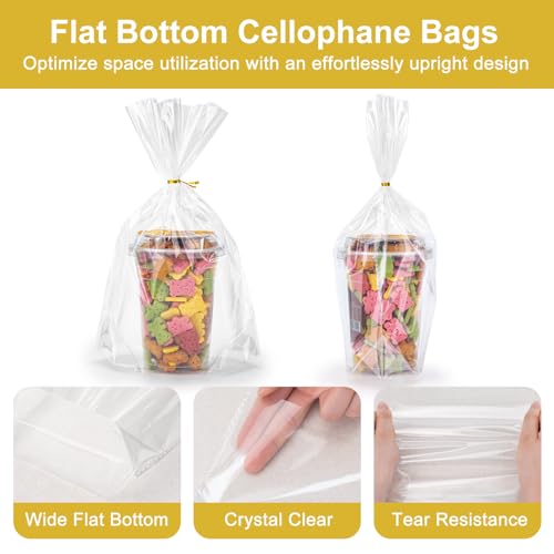 100Pcs Clear Cellophane Bags, Flat Bottom, with Twist Ties - size: 9.8x14 Inch (Pack of 100)