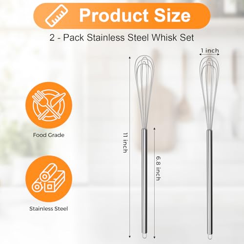 2‑Pcs 11‑Inch Mini Whisk, Small Whisk with Long‑Handle