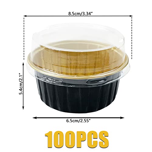 100Pcs Aluminum Cups with Lids,5oz Disposable Ramekin Baking Cups Muffin Liners Mini Pie Pans Foil Cupcake Containers for Christmas Party Wedding,Black Gold - color: Black/Gold