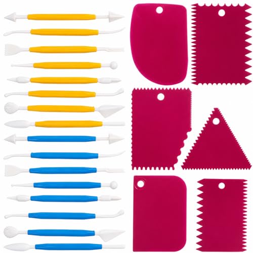 DaKuan Fabulous Cake Scraper Smoother and Fondant Kit - 6 Pcs Decorative Scrapers Polisher and 16 Pcs Modeling and Sculpting Tools