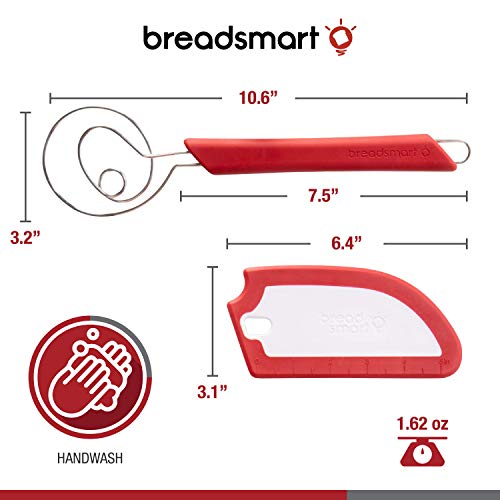 Breadsmart Artisan Bread Whisk and Bench Scraper Duo - Essential Dough Mixer Tools - Sourdough Bread Baking Supplies - color: Red