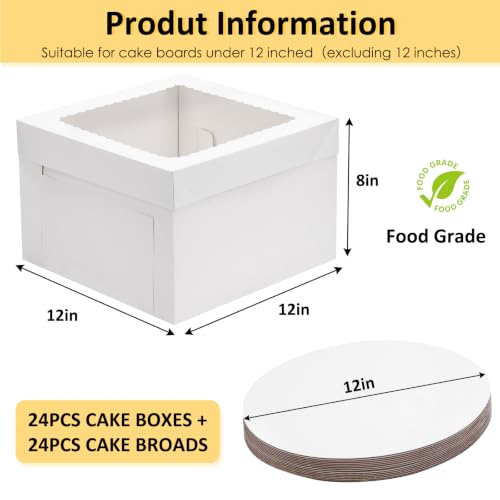 Moretoes 48pcs 12 Inch Cake Boxes with Cake Boards (24 Boxes & 24 Boards) - size: 48pcs-12*12*8in