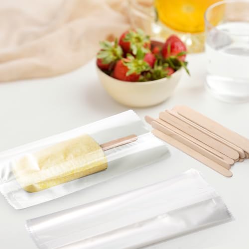 Okllen 600 Pieces Popsicle Bags and Sticks Set, 300 PCS Disposable Plastic Popsicle Wrappers Clear Ice Cream Bags, 300 PCS Wooden Popsicles Sticks for DIY Making Cakesicle Candy Summer Party Supplies