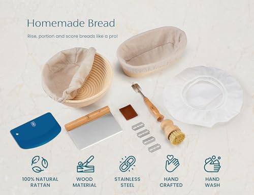 Kook Banneton Bread Proofing Set, Artisan Sourdough Bread Making Kit with Round & Oval Rattan Baskets, Liners, Dough Scrapers, Scoring Lame + Blades, Brush & Dough Cover (Set of 2) - color: Oval & Round Deluxe Set
