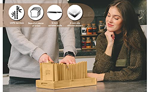 Bamboo Bread Slicer with Crumb Tray Bamboo Bread Cutter for Homemade Bread, Loaf Cakes, Bagels Slicer, 3 Slice Sizes, Adjustable, Compact, Foldable