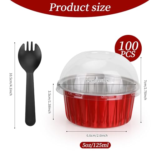 100-Pack 5 oz Red Mini Cake Pans with Lids, Disposable Aluminum Foil Baking Cups, Muffin Tins, Ramekins for Cupcakes, Brownies, Flan, Pudding - Christmas, Valentine‘s, Birthday Party Supplies - color: Red